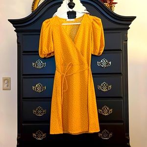 MANGO yellow and white polka dot wrap dress.